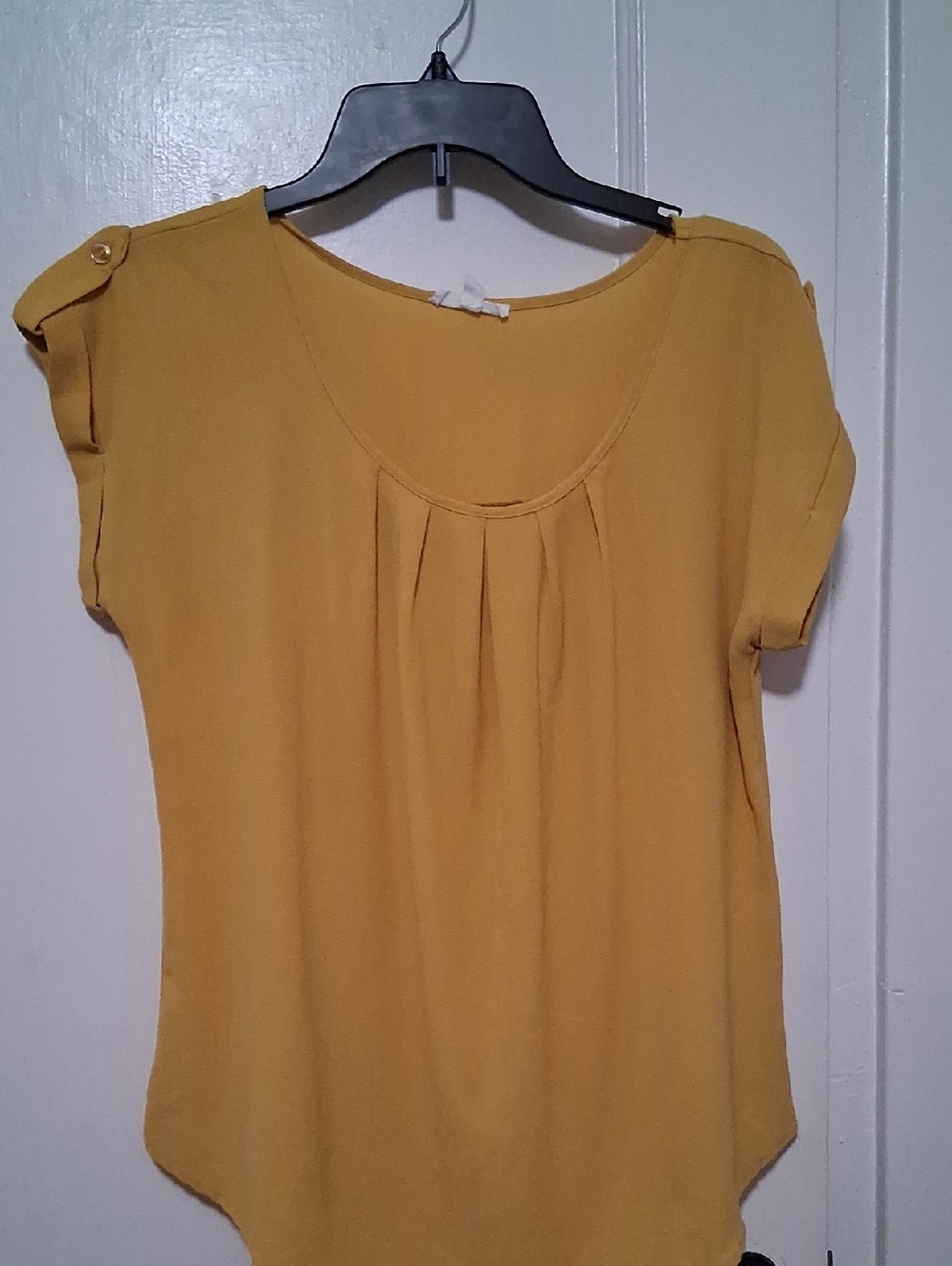 mine Mustard Scoop Neck Short Sleeve Blouse With Button On Shoulders